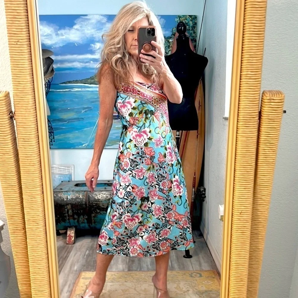 Natori Private Luxuries, Tropical Floral Slip Dress Resort Vacation Dress Size M